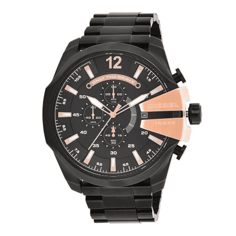 ساعت مچی مردانه دیزل شاخدار (مگا شیف) مشکی شاخ رزگلد Diesel Mega Chief Black Black Screen Rose Gold Pointers